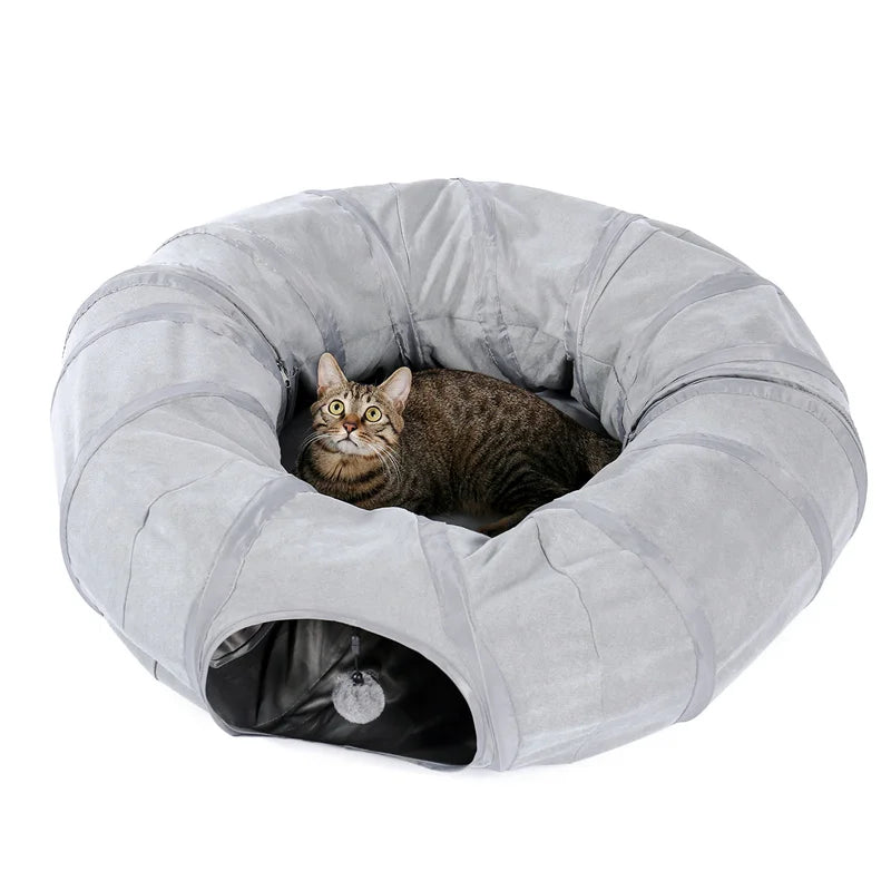 Cat Tunnel Toy Cat Pop Up Bed Collapsible Rabbit Round Tunnel with Mat Cushion 3 Tube Interactive Peek Plush Ball Toy for Indoor