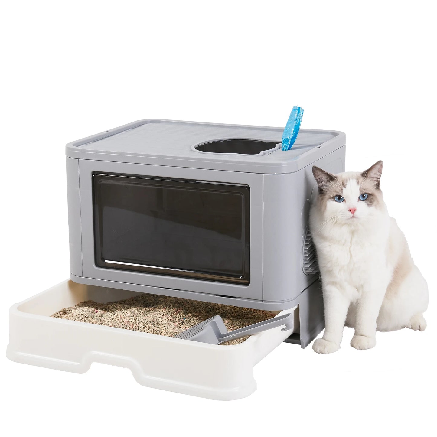 Foldable Cat Litter Box – Front Entry, Top Exit, Enclosed with Massager Scoop & Easy-Clean Design