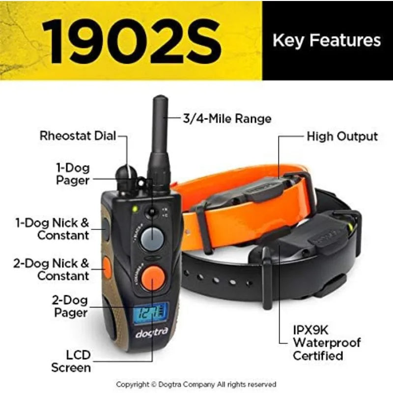 Dogtra 1902S 2-Dogs Remote Training Collar - 3/4 Mile Range, IPX9K Waterproof, Rechargeable, 127 Training Levels