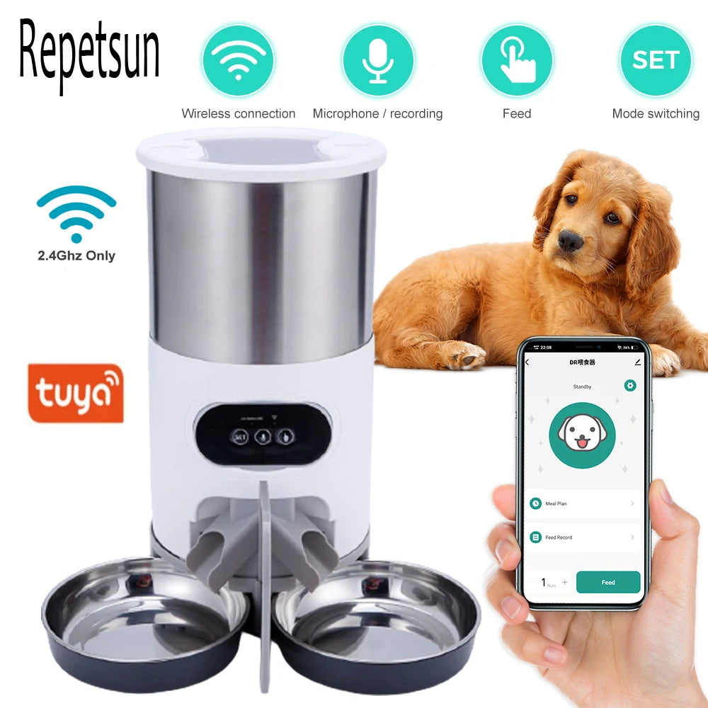 Smart APP Pet Feeder – Automatic Food Dispenser for Cats & Dogs, Stainless Steel Bowl, Recording & Timing Feeding