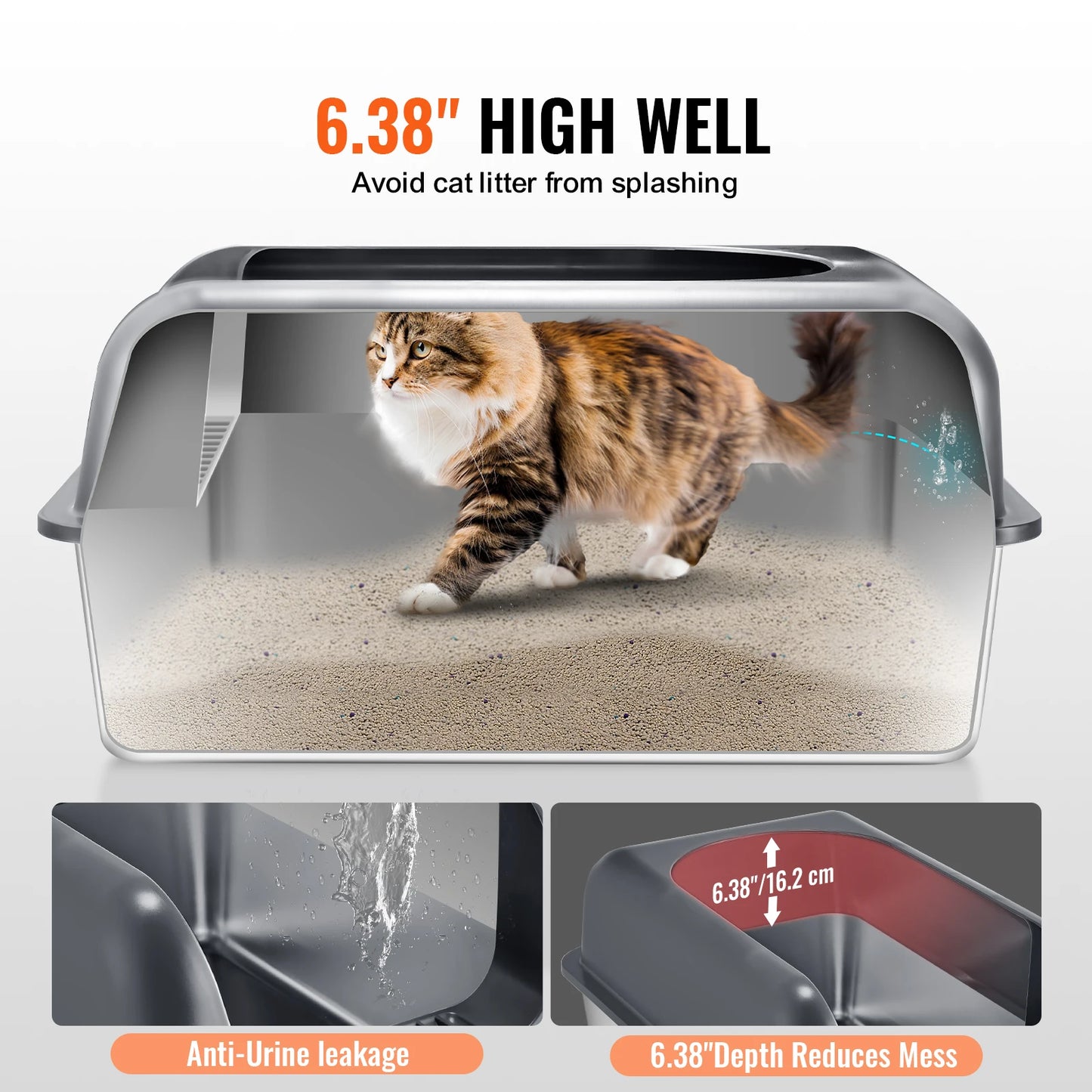 VEVOR XL Stainless Steel Cat Litter Box – Deep, High-Sided & Includes Scoop