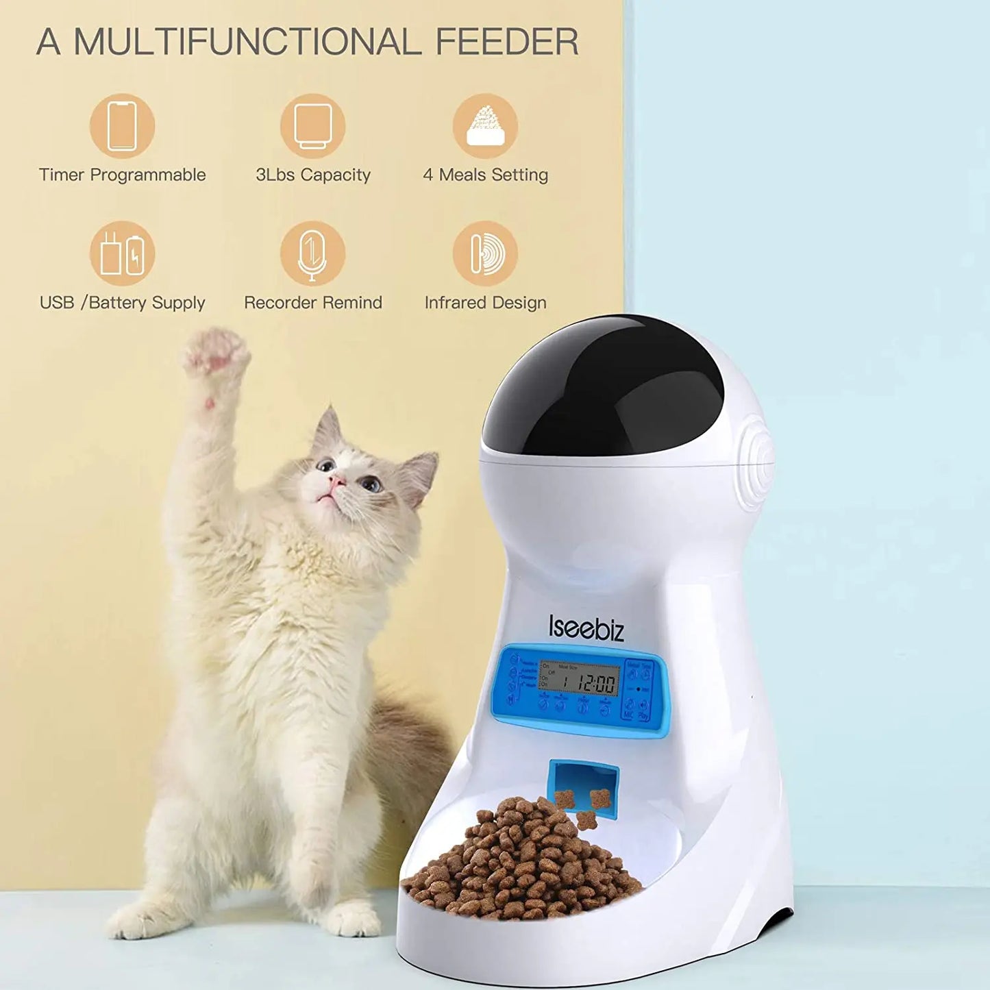 Iseebiz 3L Automatic Pet Feeder – Smart Food Dispenser for Cats & Dogs, Timer Bowl, Auto Feeding with Voice Record