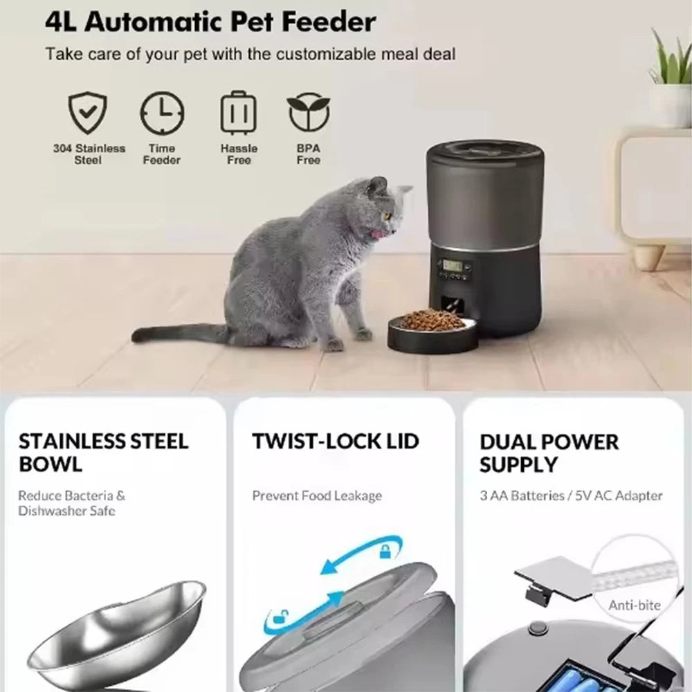 Automatic Pet Feeder – 4L Capacity Smart Timer, Tuya Control Food Dispenser with Stainless Steel Bowl for Dogs & Cats