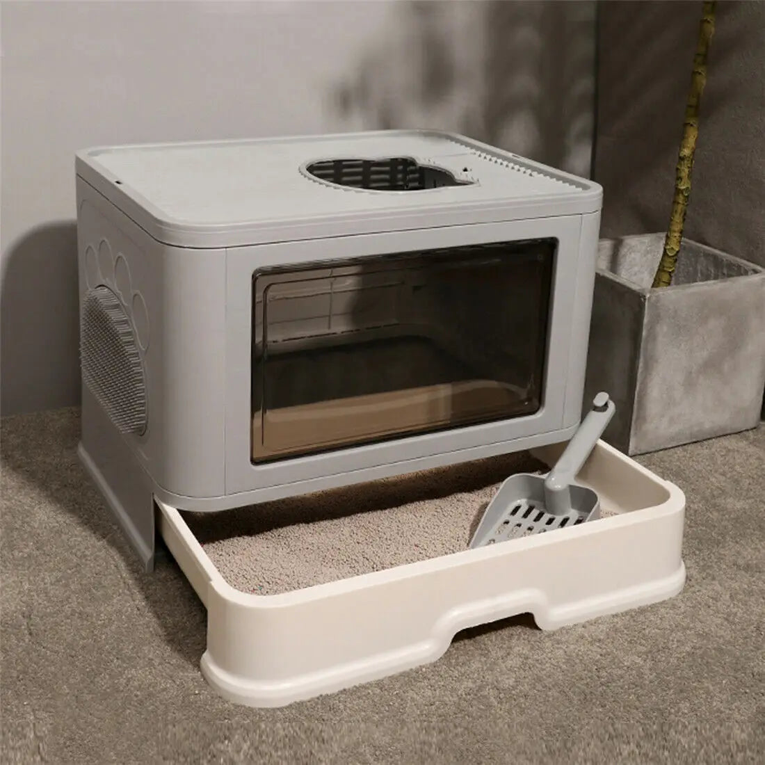 Foldable Cat Litter Box – Front Entry, Top Exit, Enclosed with Massager Scoop & Easy-Clean Design