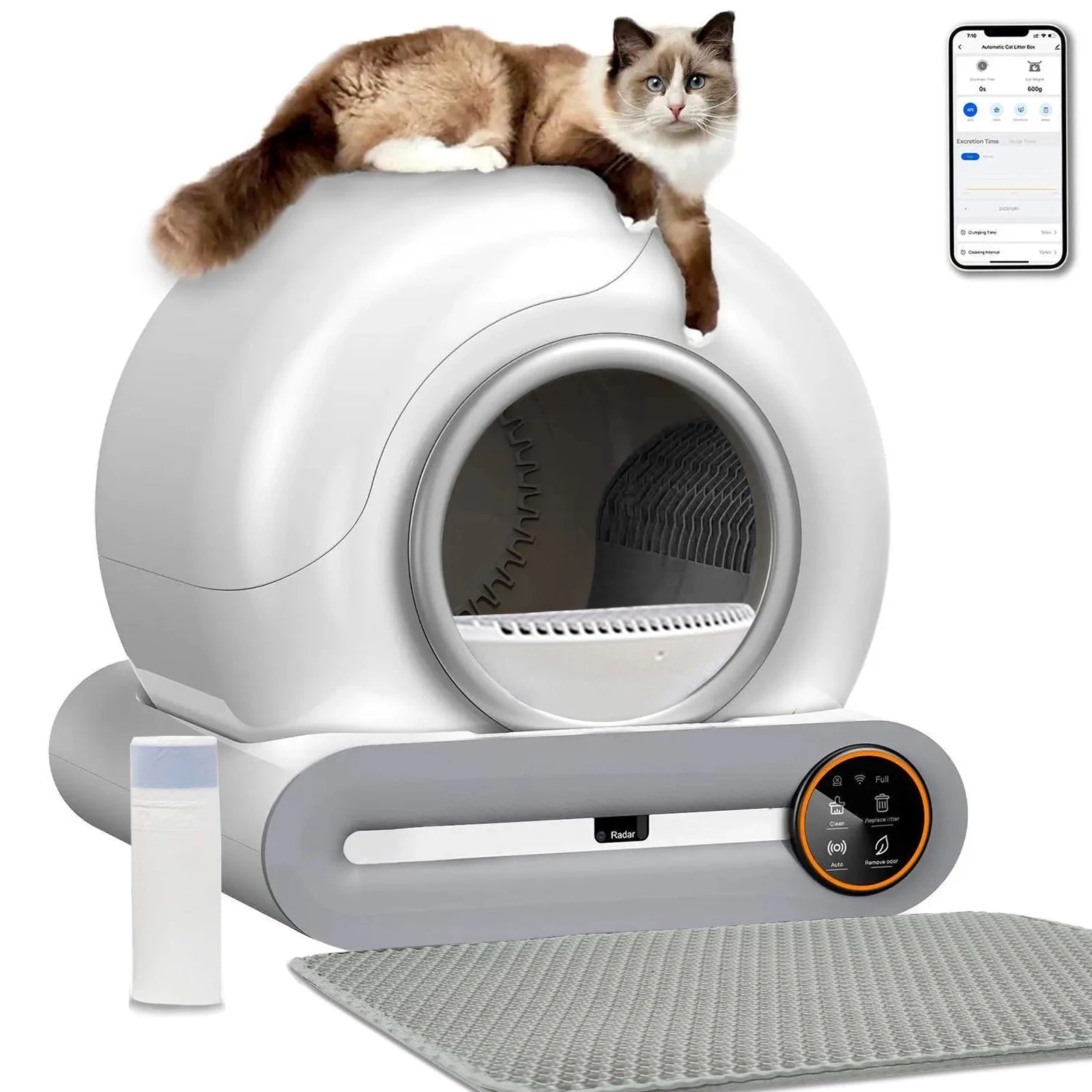 Self Cleaning Cat Litter Box 65L Automatic Cat Litter Box For 1.5-6kg Cat w/ Trash Bag & Litter Mat Smart Cat Toilet App Control