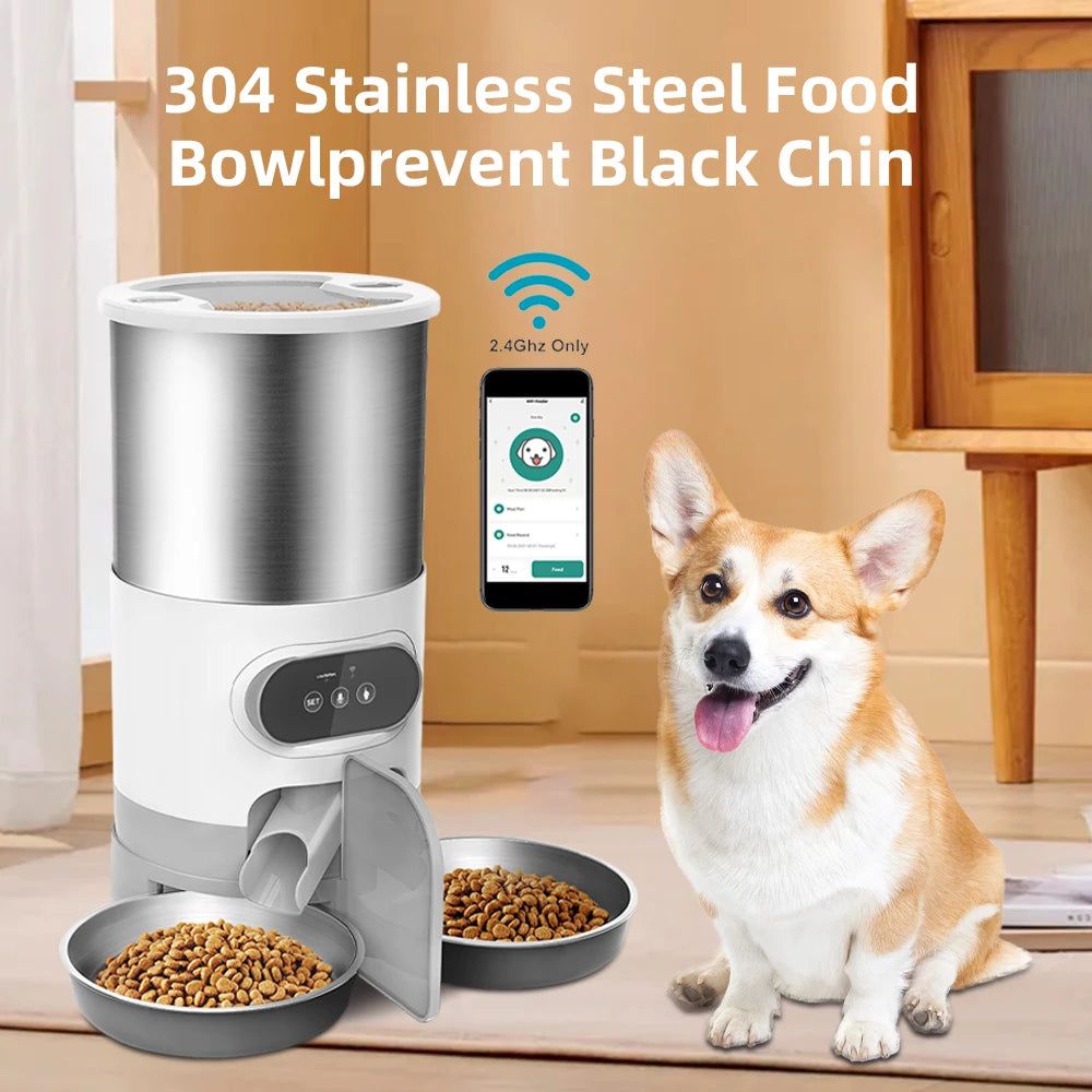 Smart APP Pet Feeder – Automatic Food Dispenser for Cats & Dogs, Stainless Steel Bowl, Recording & Timing Feeding