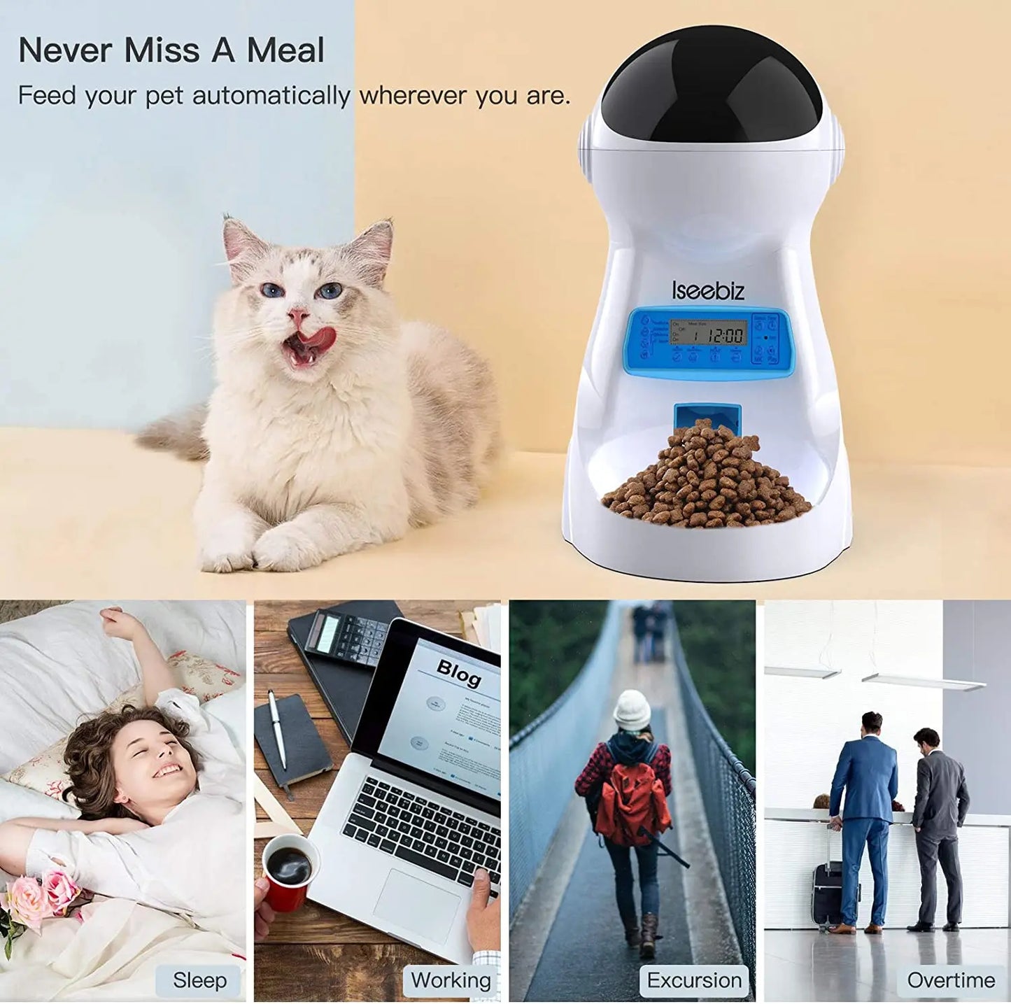 Iseebiz 3L Automatic Pet Feeder – Smart Food Dispenser for Cats & Dogs, Timer Bowl, Auto Feeding with Voice Record