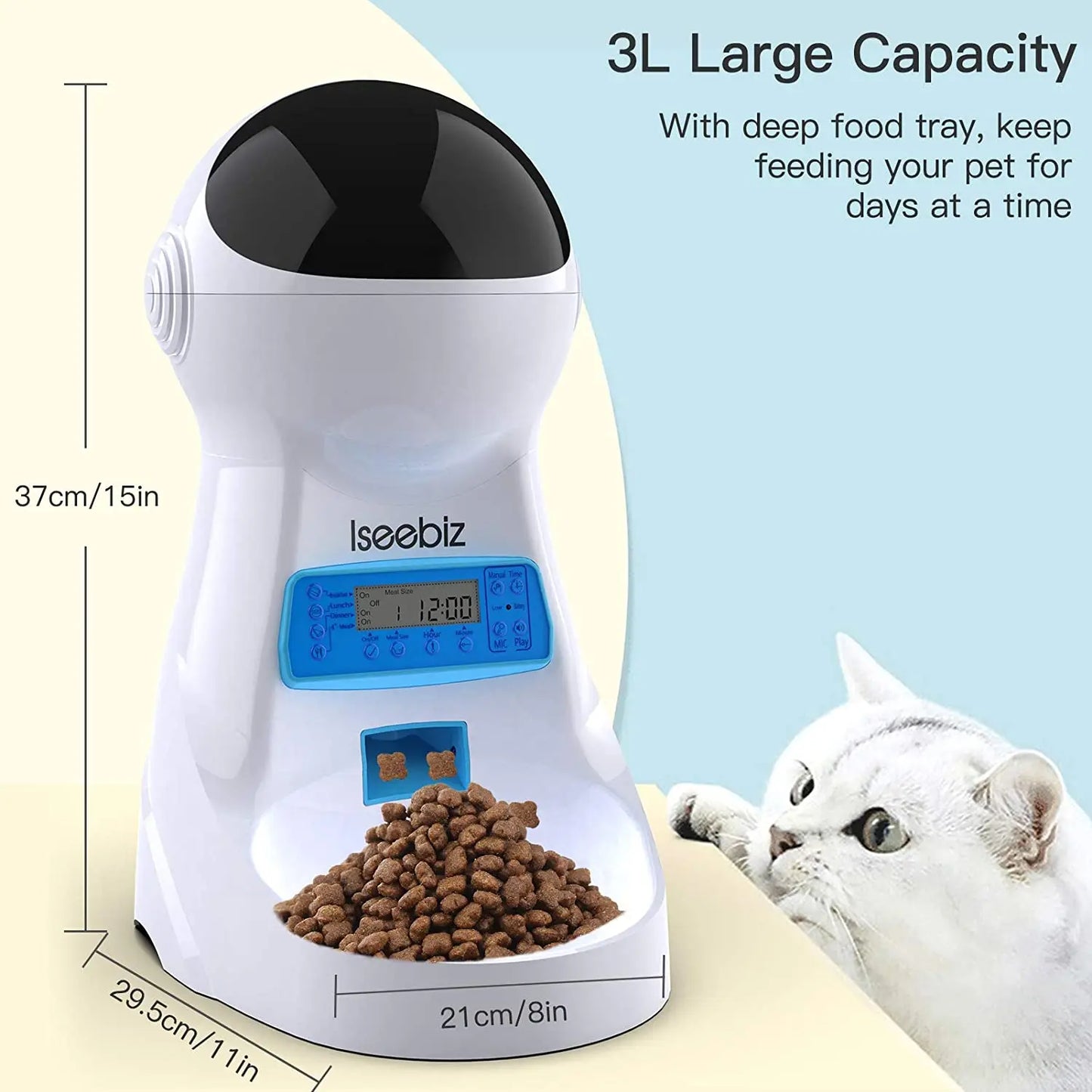 Iseebiz 3L Automatic Pet Feeder – Smart Food Dispenser for Cats & Dogs, Timer Bowl, Auto Feeding with Voice Record