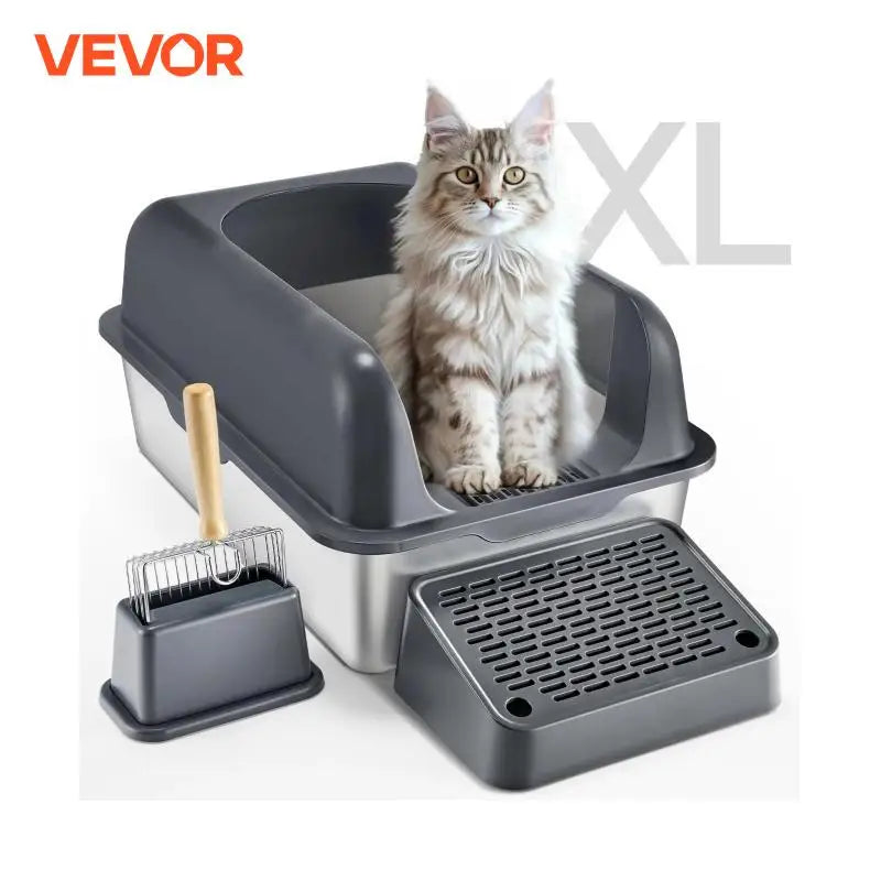 VEVOR XL Stainless Steel Cat Litter Box – Deep, High-Sided & Includes Scoop