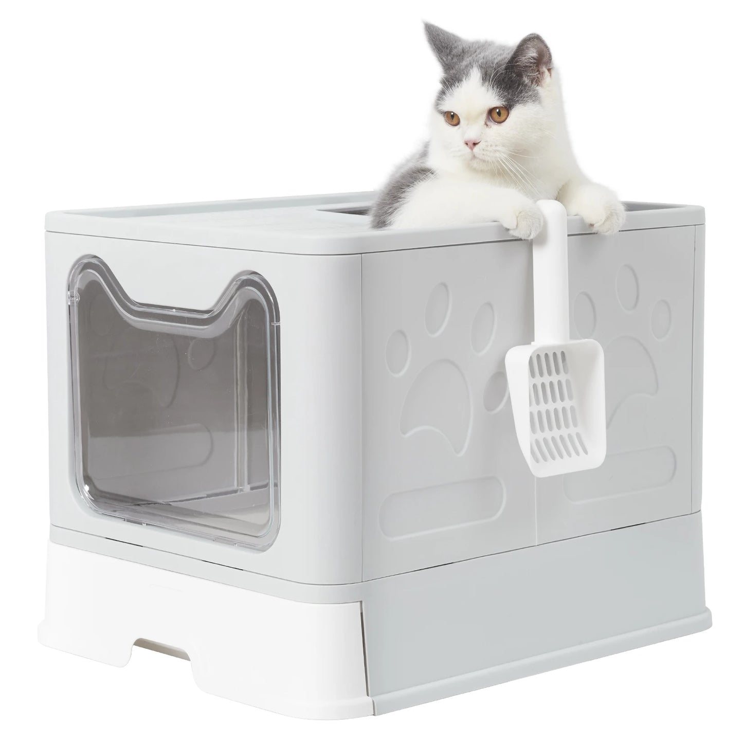 Extra Large Front Entry Cat Litter Box – Top Exit, Foldable, with Scoop, Drawer & Hooded Design