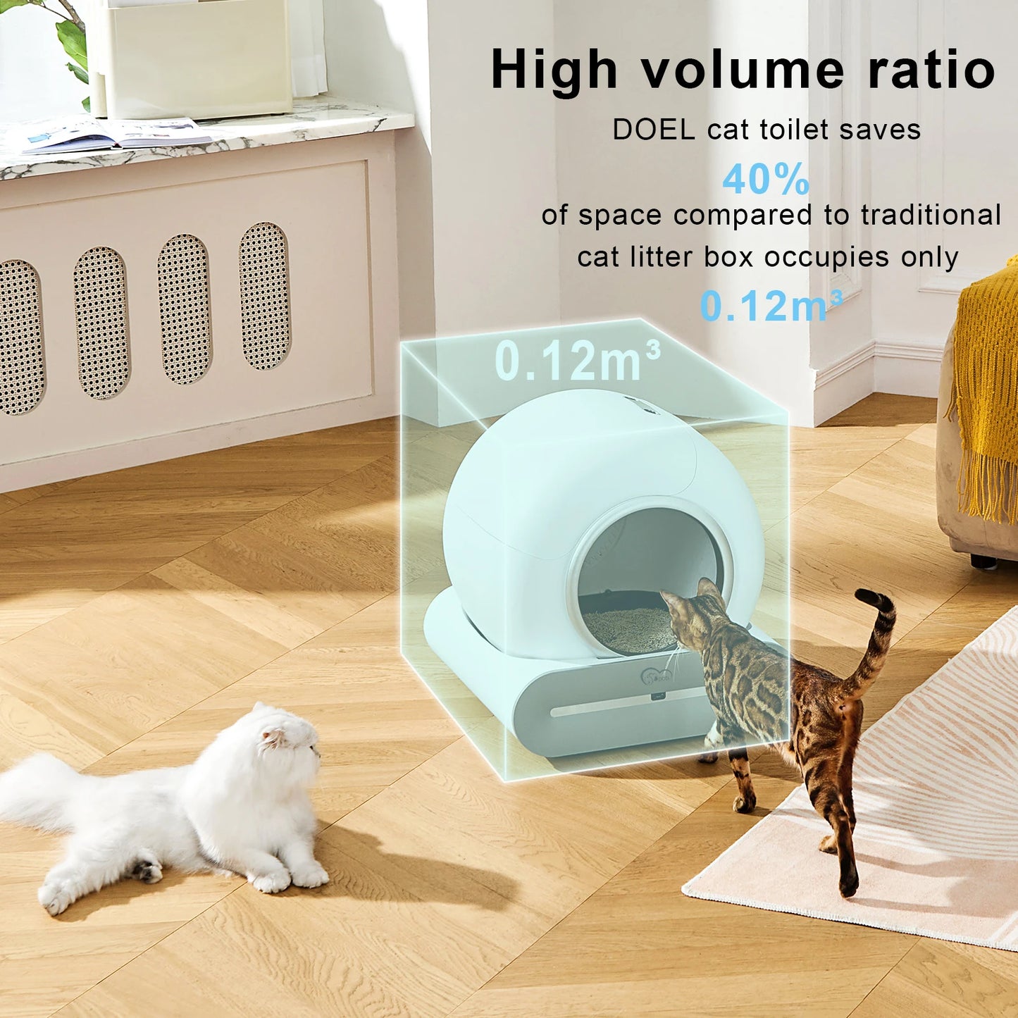 Self Cleaning Cat Litter Box 65L Automatic Cat Litter Box For 1.5-6kg Cat w/ Trash Bag & Litter Mat Smart Cat Toilet App Control