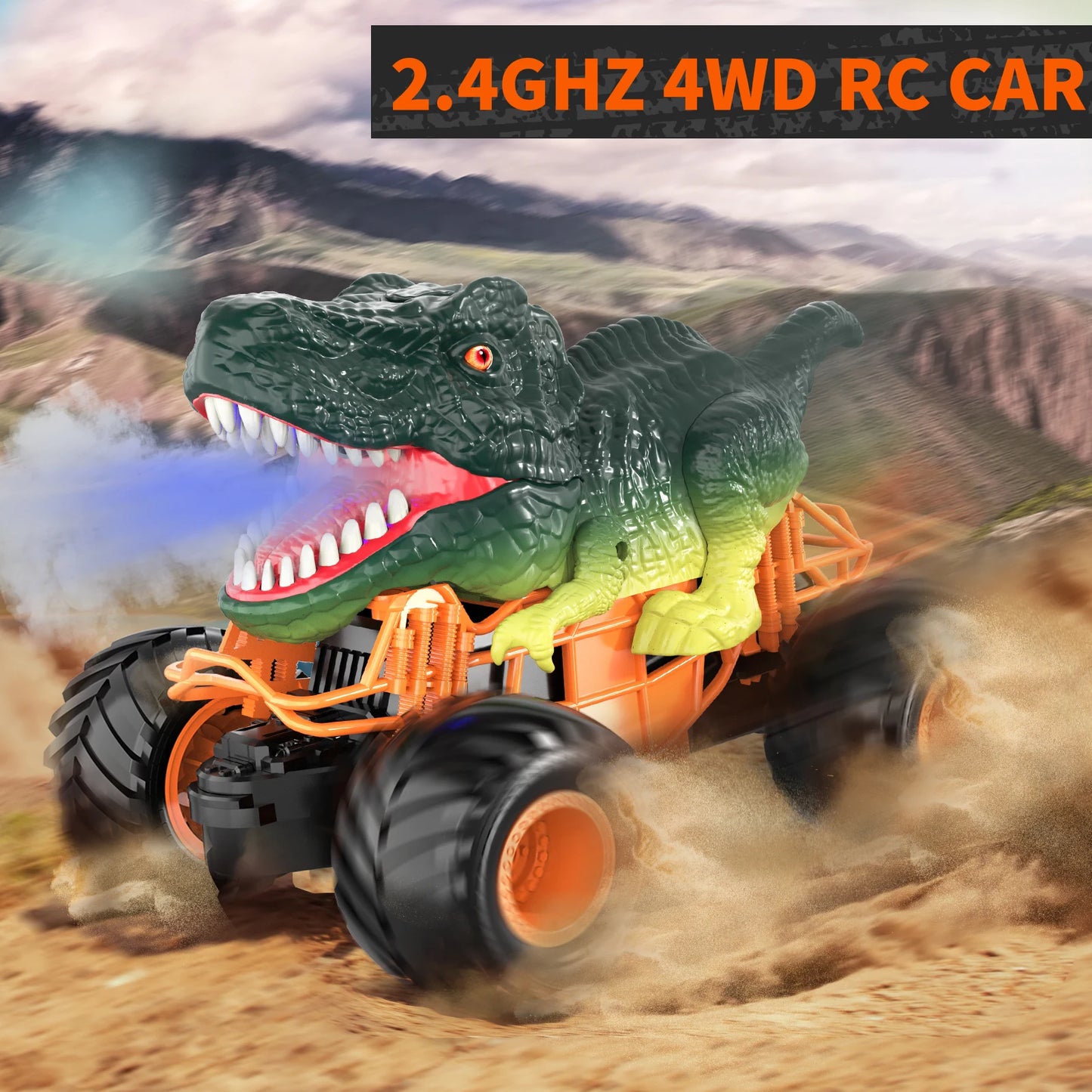 Remote Control Dinosaur Car, 2.4Ghz RC Truck for Toddlers, Electric Hobby RC Car Toys with Light & Sound Spray Birthday Gift for