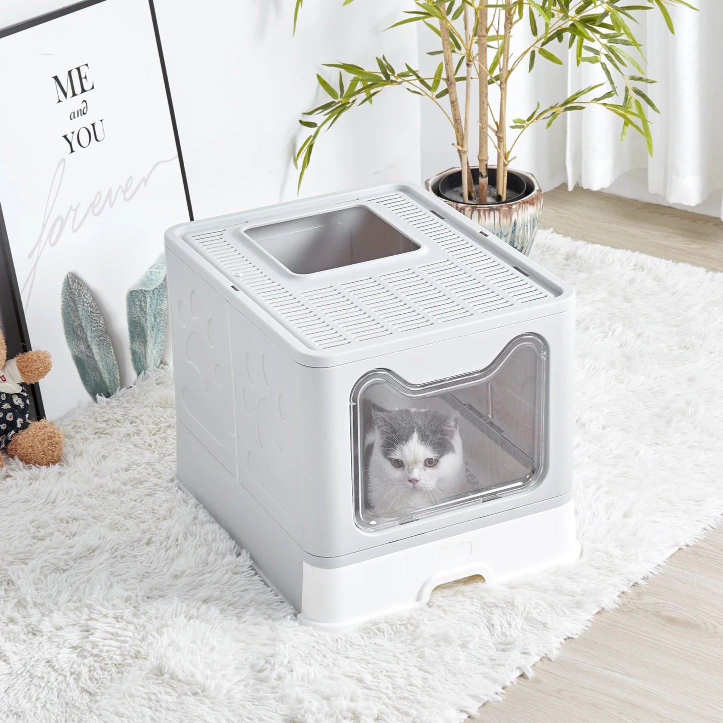 BingoPaw XXL Foldable Cat Litter Box – Front Entry, Top Exit with Easy-Clean Tray