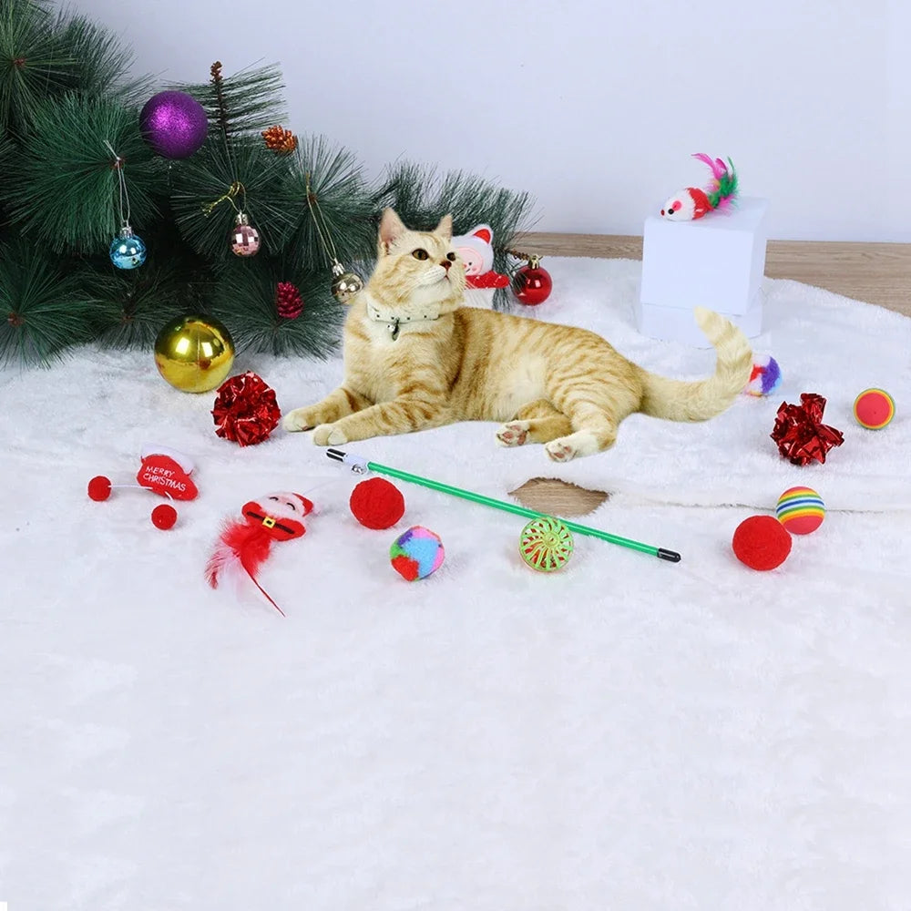 Christmas Socks Toy Set Interactive Funny Cat Ball Teaser Wand Stocking Toy Pendant Furry Suitable For Indoor Pet Accessory