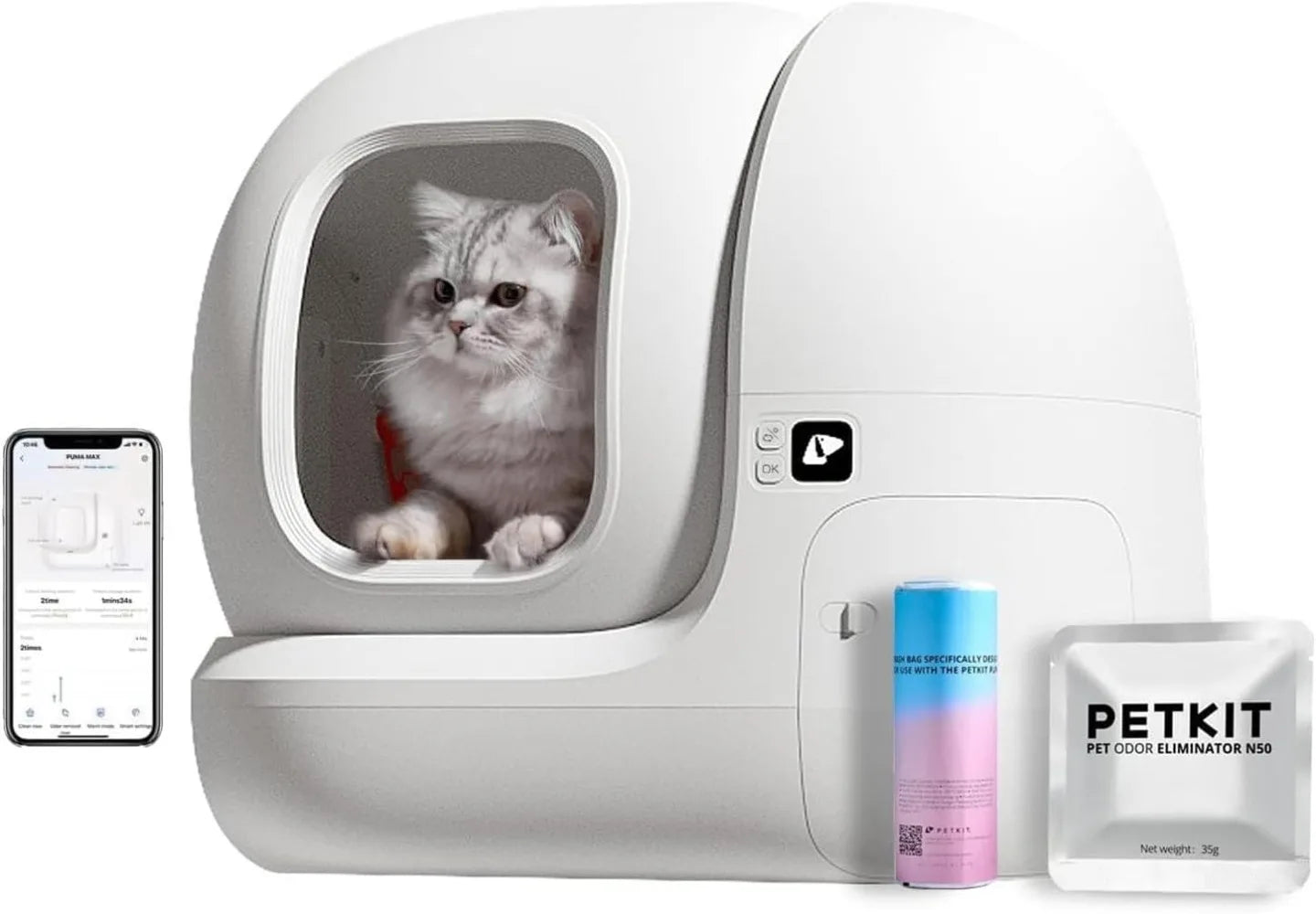 Self-Cleaning Cat Litter Box with N50 Odor Eliminator – Automatic, App-Controlled with Waste Bags and xSecure Technology