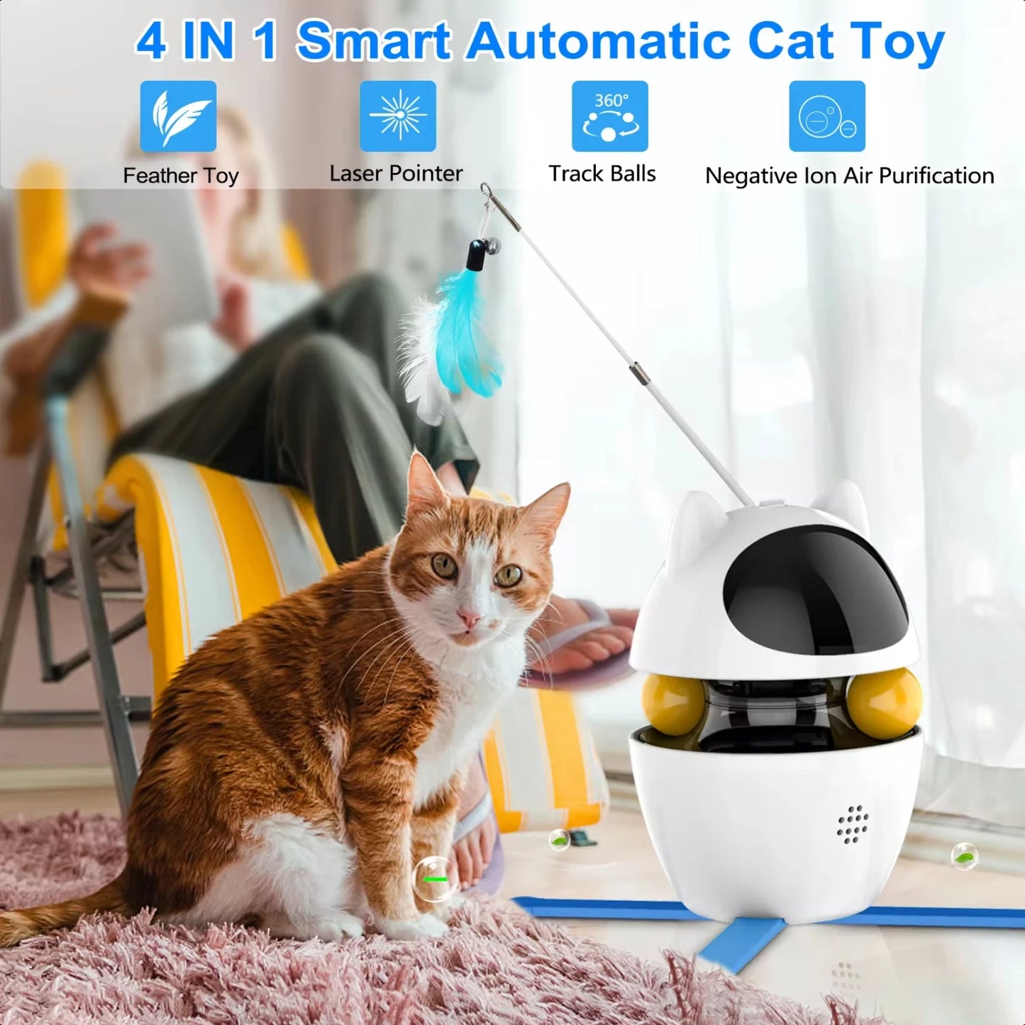 4-in-1 Cat Toys Indoor  Interactive Toys with Ball and Feather Automatic Chasing Exercising Laser Toy USB Rechargeable