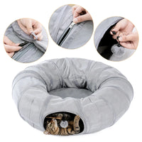 Cat Tunnel Toy Cat Pop Up Bed Collapsible Rabbit Round Tunnel with Mat Cushion 3 Tube Interactive Peek Plush Ball Toy for Indoor