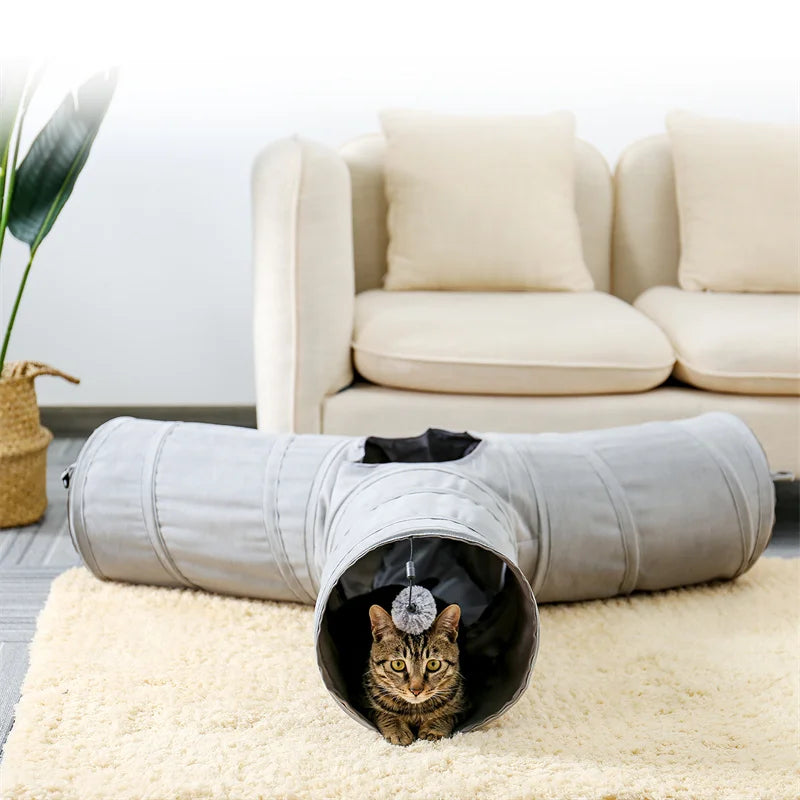 Cat Tunnel Toy Cat Pop Up Bed Collapsible Rabbit Round Tunnel with Mat Cushion 3 Tube Interactive Peek Plush Ball Toy for Indoor